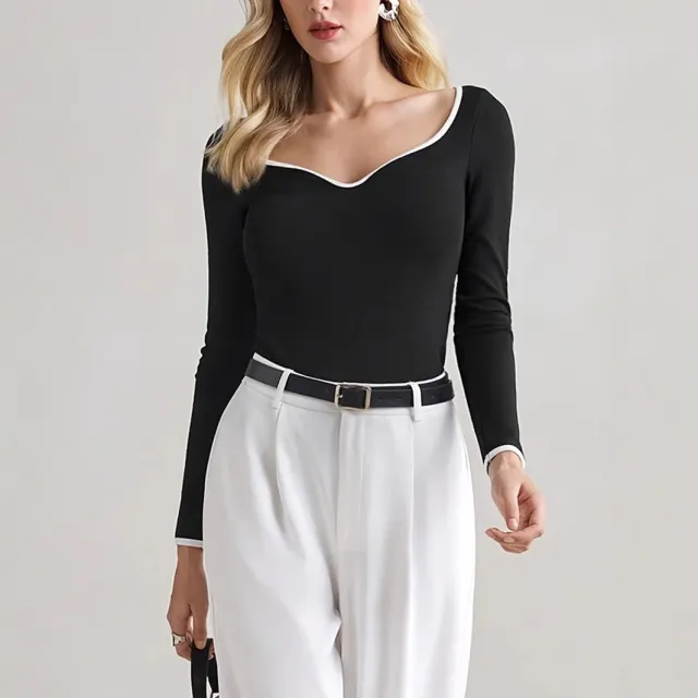 Women's Slim fit Elegant Color matching Long sleeved Casual T shirt Black - Shop at LoveMi