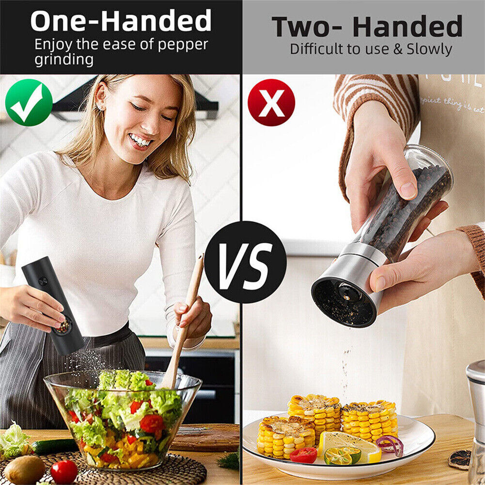 2x Electric Salt And Pepper Grinder LED Auto Mill Shaker Adjustable Coarseness 11