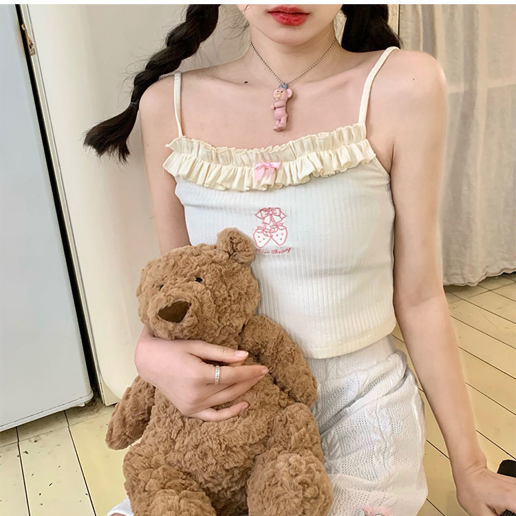 Summer New Girly Style Strawberry Embroidery Sweet Camisole