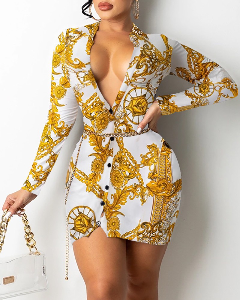 Printed V neck Long sleeved Midi Dress White - Shop at LoveMi