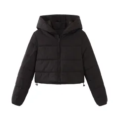 Fashion Zipper Hooded Short Coat Winter Mandela-color Jacket Outerwear Women's Clothing - Black - View 1