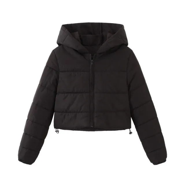 Fashion Zipper Hooded Short Coat Winter Mandela color Jacket Outerwear Women's Clothing Black - Shop at LoveMi
