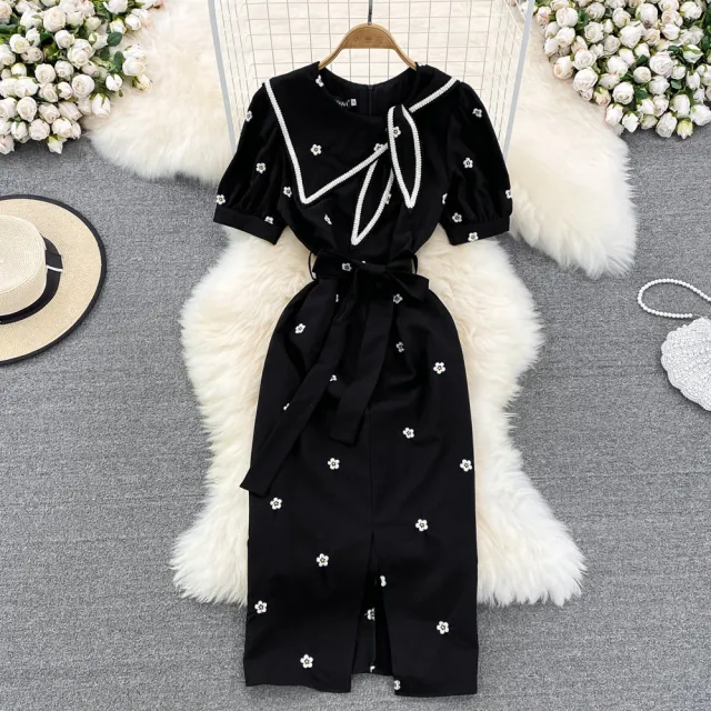 Retro Temperament Bow Tie Embroidered Waist A line Dress Black - Shop at LoveMi