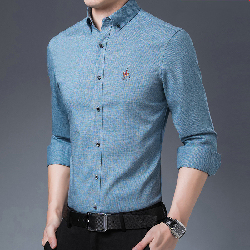 Men's Long-sleeved Bamboo Fiber Solid Color Fine Grid Stretch Business Slim Shirt