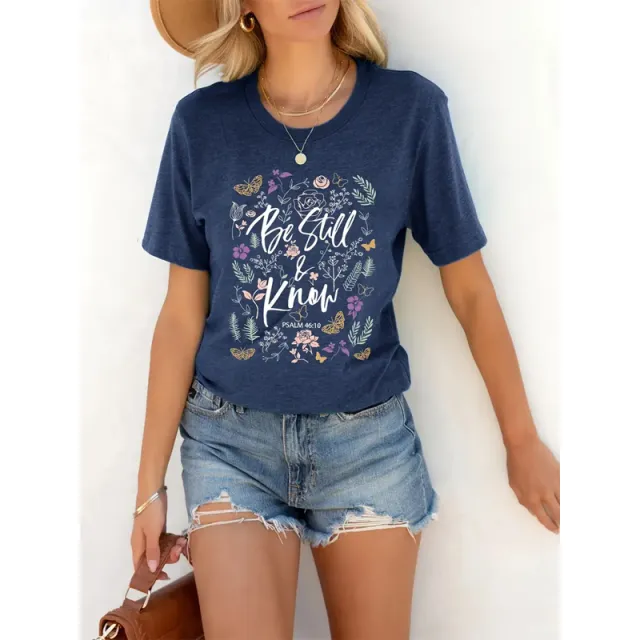 Women's Floral & Letter Print Crew Neck T shirt, Casual Short Sleeve Top For Summer Blue - Shop at LoveMi