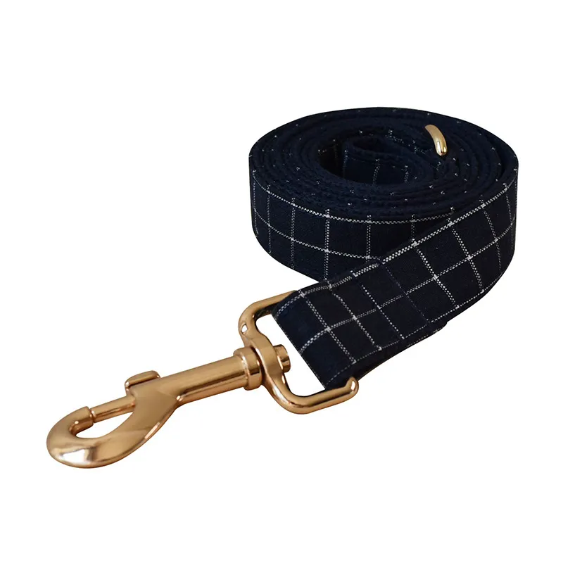 Navy Blue Plaid Gold Button Dog Collar Alloy Buckle - Dog Leash
