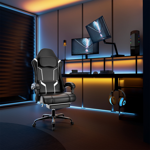Ergonomic Gaming Chair, Video Game Chair With Pocket Spring Cushion And Footrest, Height Adjustable Computer Chair With Swivel Seat And Headrest   Faux Leather, Off-White — foto 7
