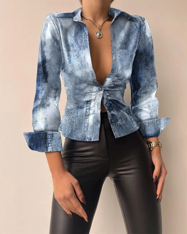 Spring Long Sleeved V Neck PU Leather Splicing Women Denim Blue - Shop at LoveMi