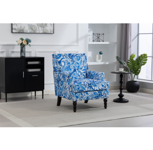 Upholstered Accent Chair, Vintage Armchair With Blue And White Porcelain Print Linen Fabric And Nailhead Trim For Living Room