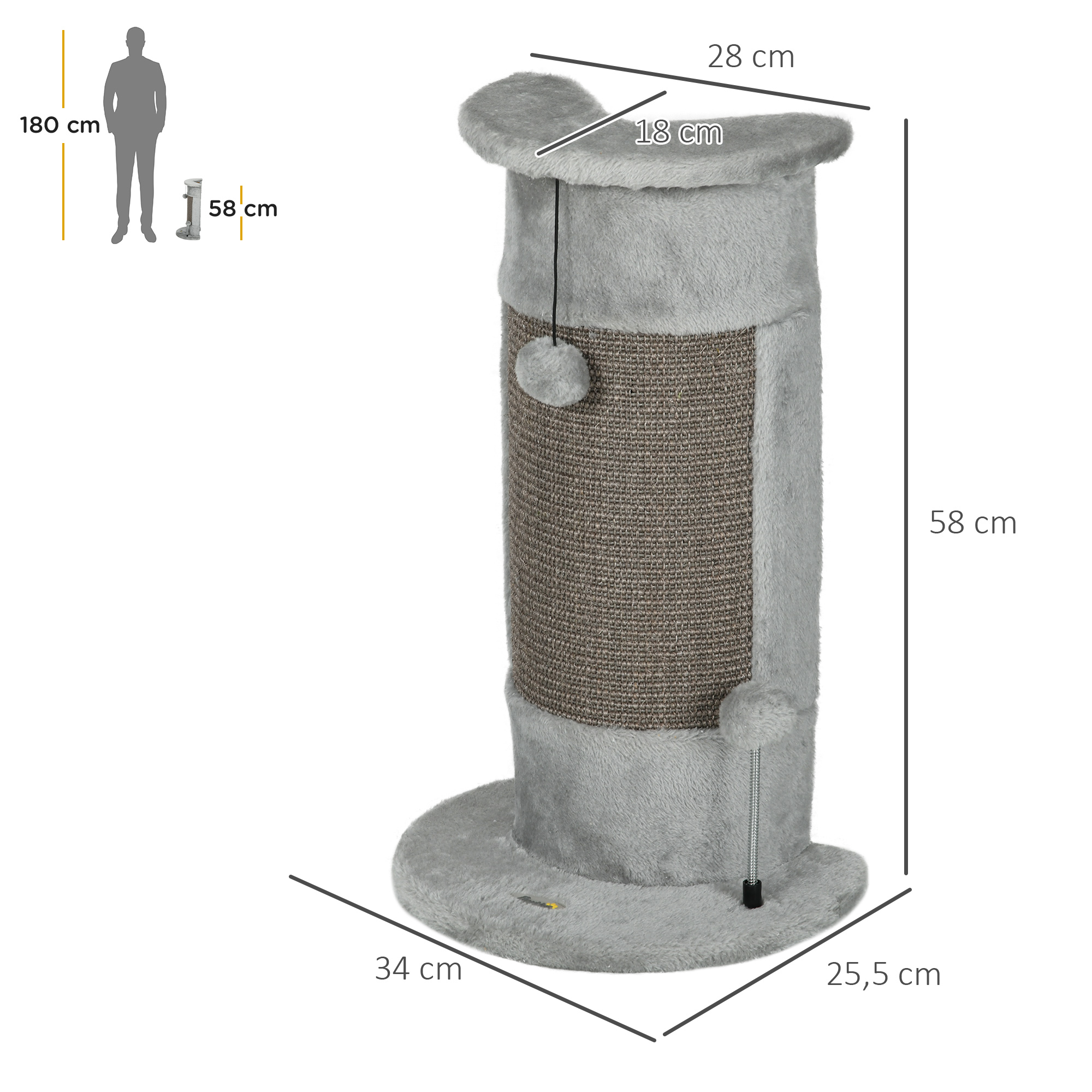 58cm Cat Scratching Post, With Covered Plush, Play Balls, For Corner Walls - Grey - Default