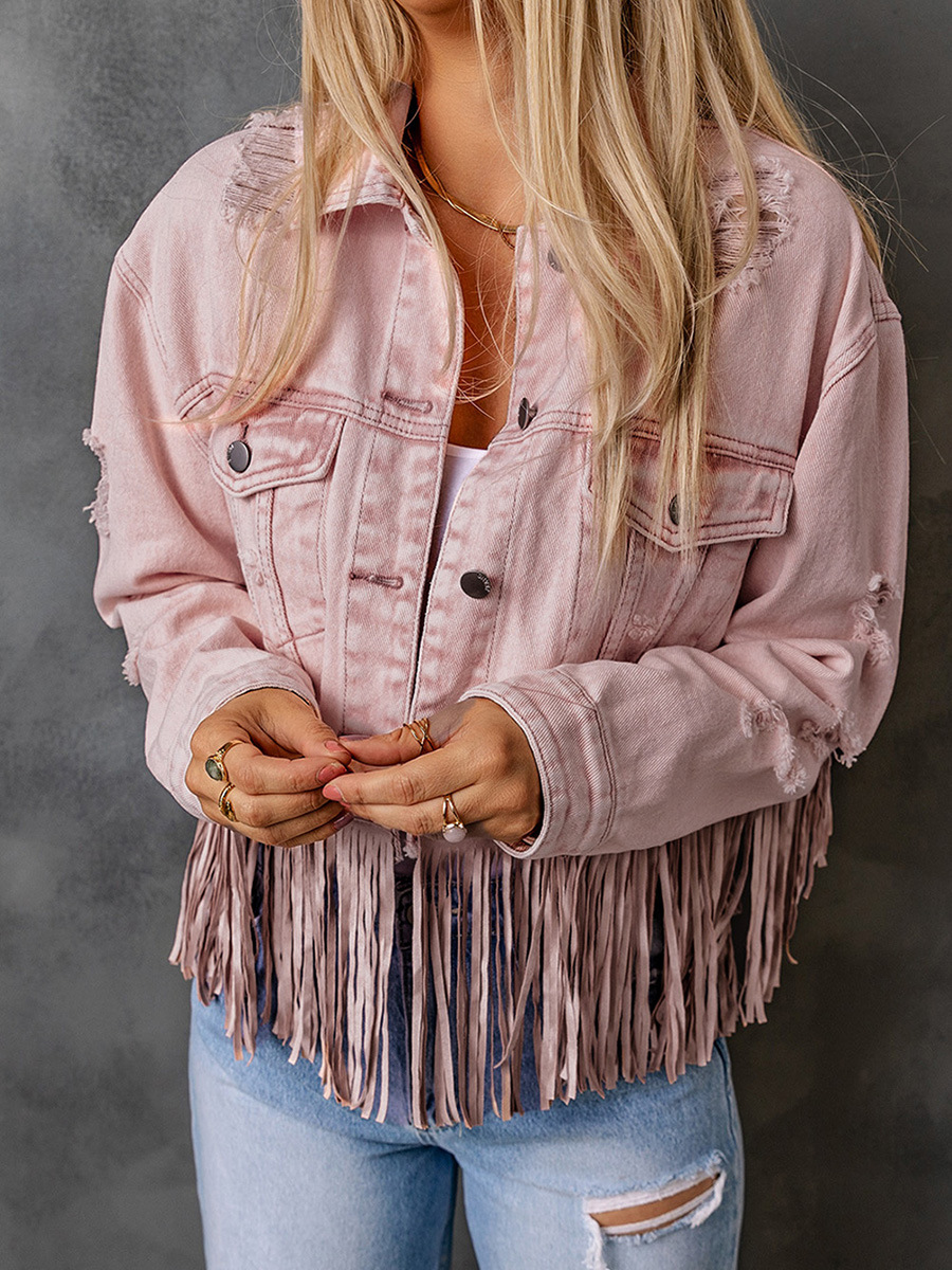 Stand-up Collar Denim Coat Solid Color Tassel Stitching Design Women's Jacket