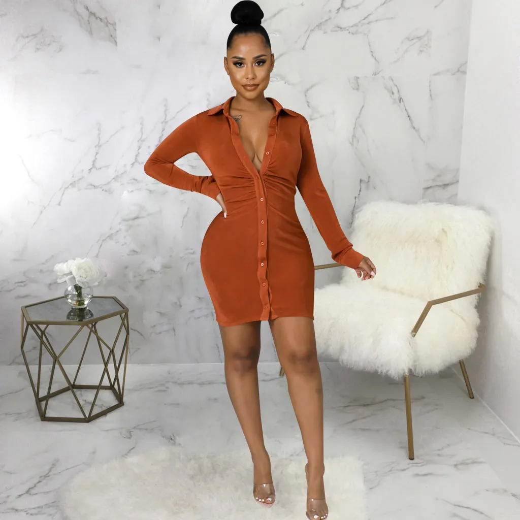Sexy Fashion Solid Color Women Shirt Dress - Orange