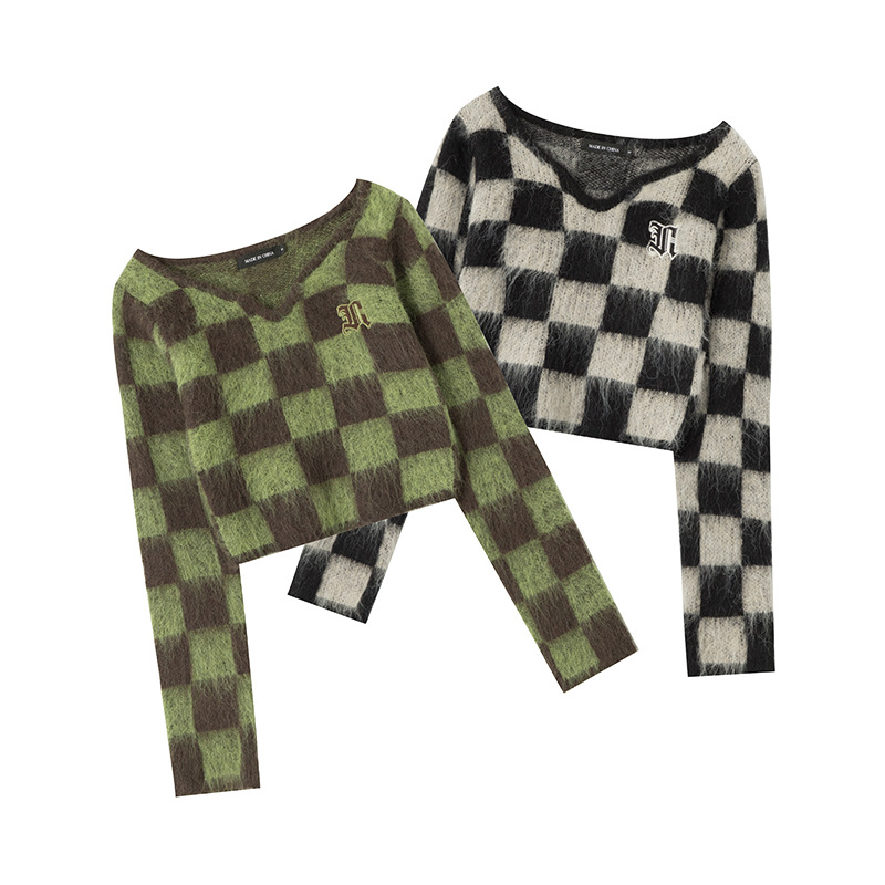 Women's Long Mohair Checkerboard Sweater