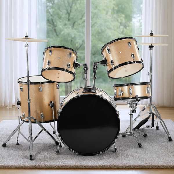 Full Size Adult Drum Set 5-Piece Champagne with Bass Drum, two Tom Drum, Snare Drum, Floor Tom, 16