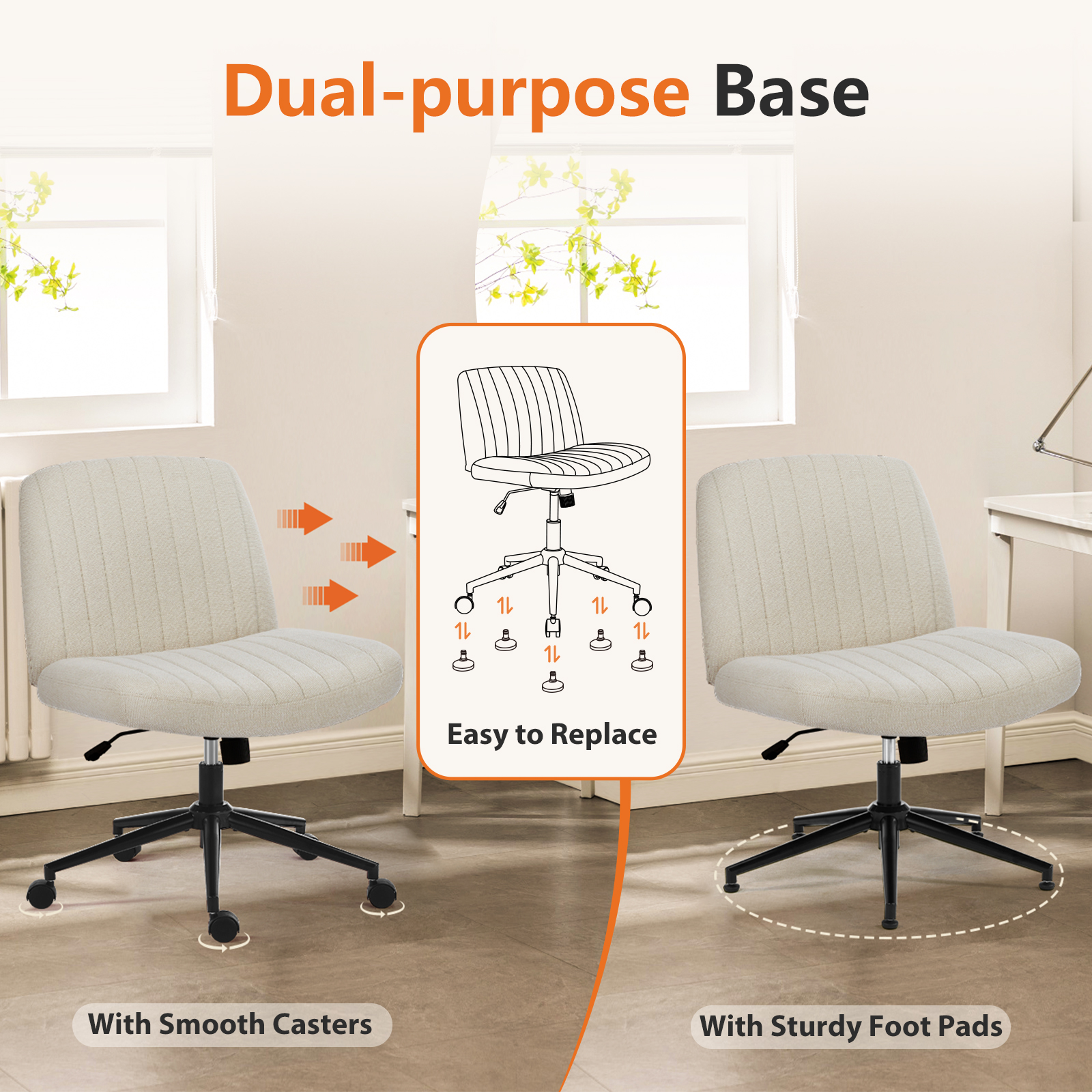Office Desk Vanity Chair Cross Legged Armless Swivel Fabric Height Adjustable Wide Seat With Replaceable Wheels-Fixed Base, Comfy Task Chair Padded image 17