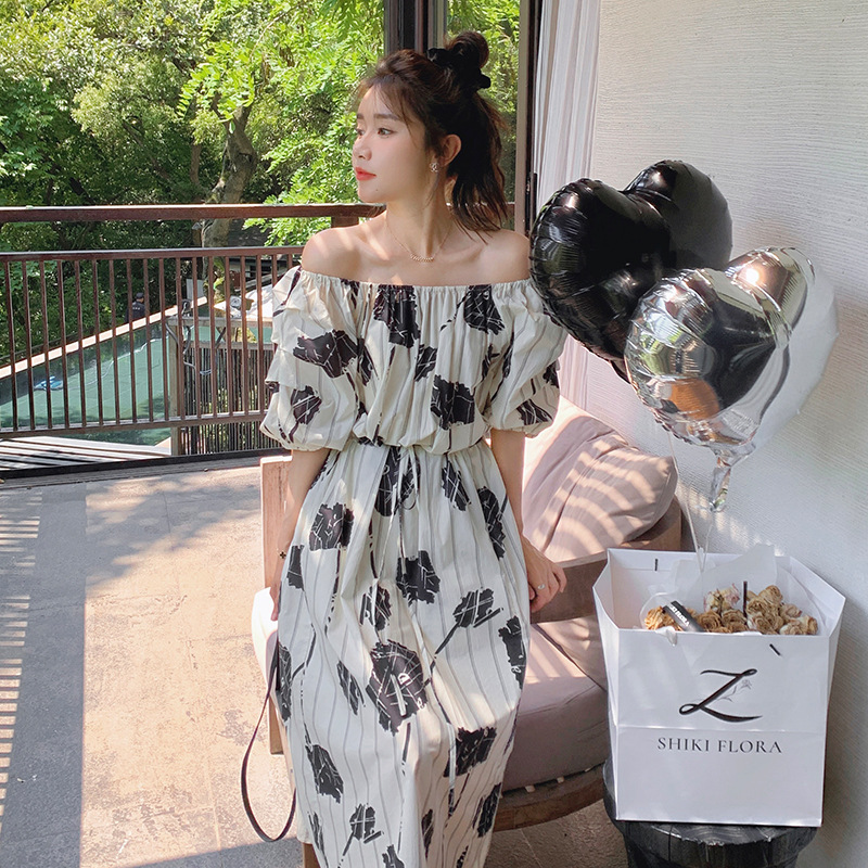 Off-shoulder Two-way Bubble Sleeve French Floral Dress For Women