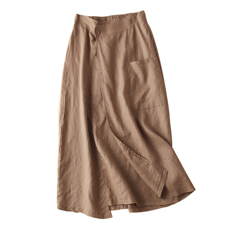 Women Elastic Waist Linen Knee-length A-line Skirt