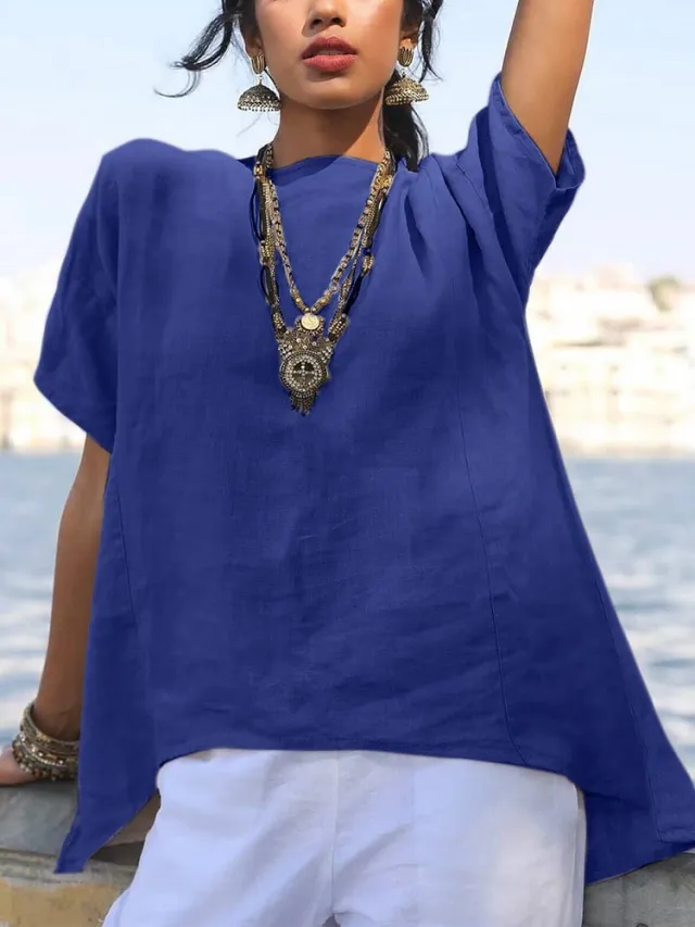 Irregular Hem Short Sleeved Women's Solid Color Cotton And Linen Shirt Blue - Shop at LoveMi