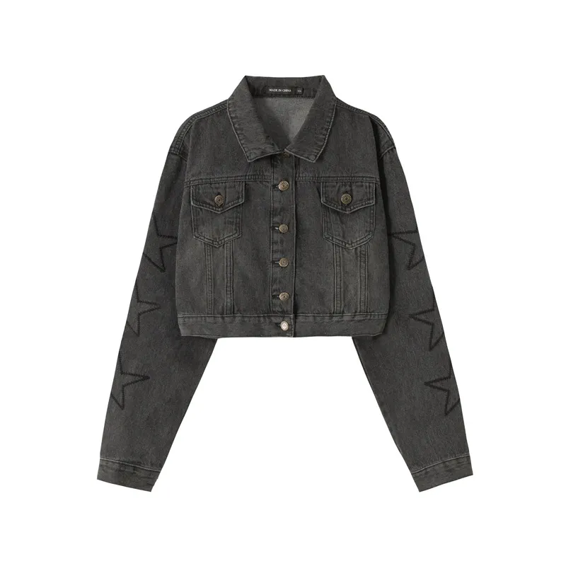 Lapel Vintage High Waist Short Denim Coat - Black
