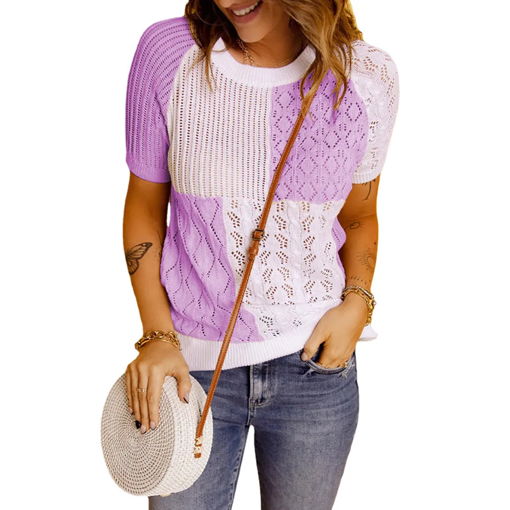 New Fashion European And American Color-blocking Knitted Short-sleeved T-shirt Top Knitted Sweater - Light Purple