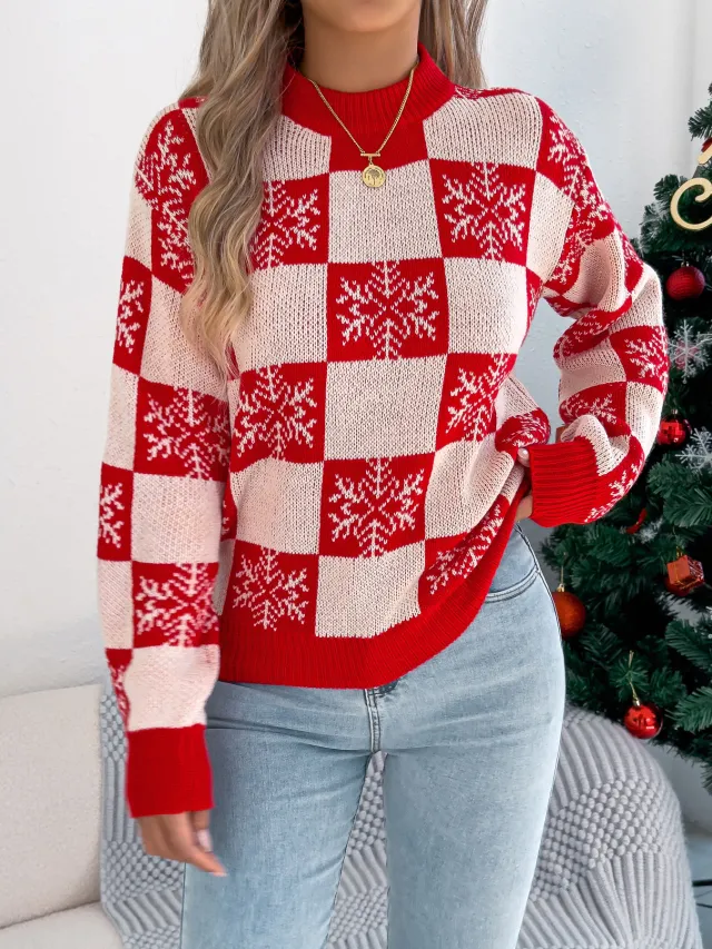 Snowflake Plaid Lantern Sleeve Pullover Sweater Red - Shop at LoveMi