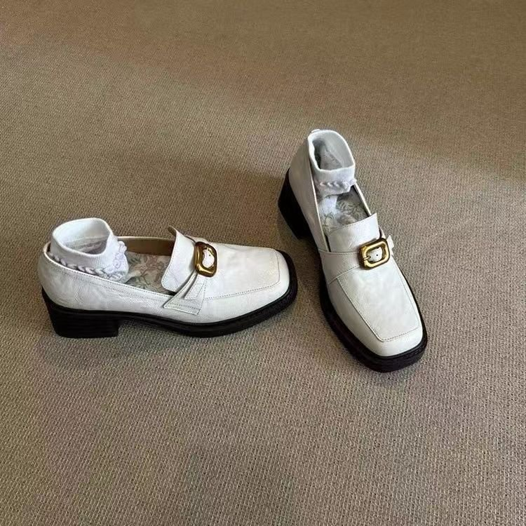 Women's Retro Leather Loafers, British Style, Slip-on, Metal Buckle, Block Heel Pumps