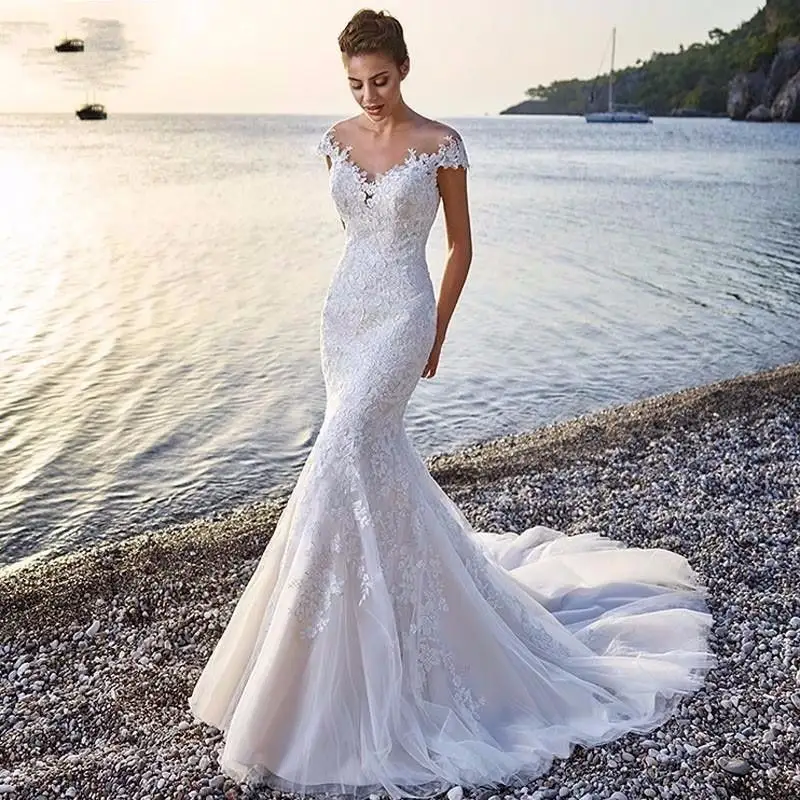 Princess Bride Mermaid Wedding Dress White Trailing Perspective Backless