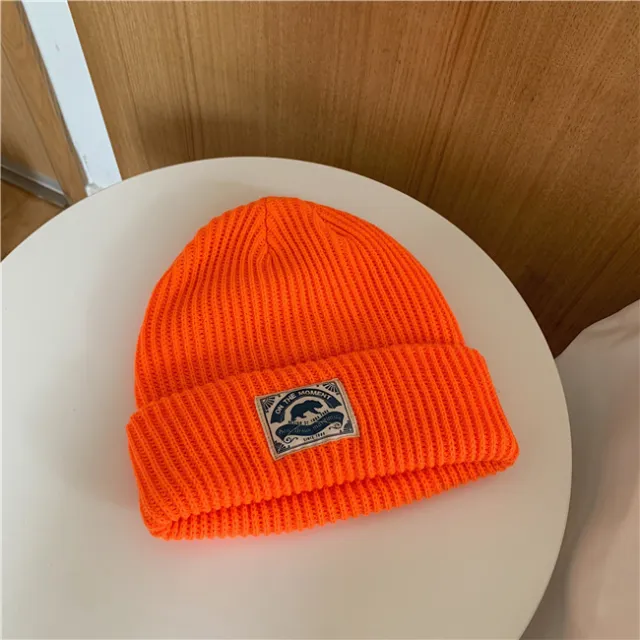 Japanese Patch Wool Hat Warm All match Knitted Fluorescent Orange - Shop at LoveMi