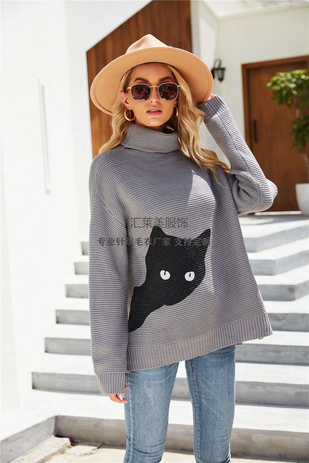 Long Sleeved Plain Grey Knitted European And American High Neck Sweater