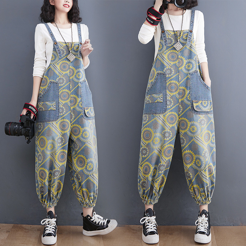 Title 7, Spring Lean Print Jean Overalls For Women