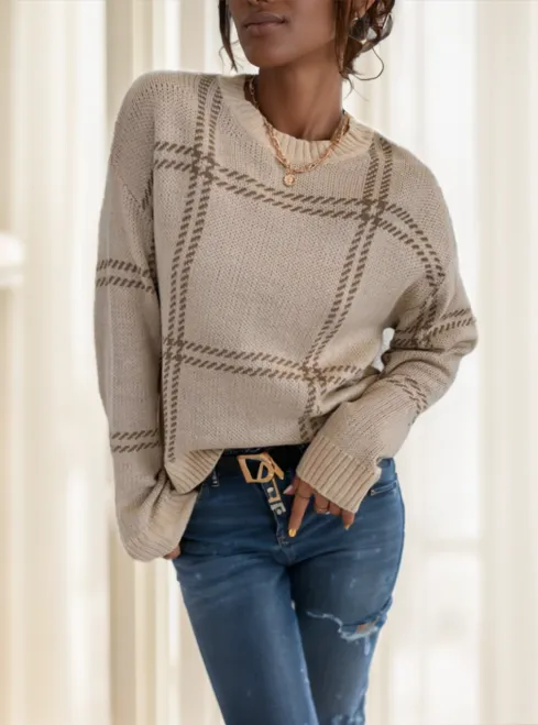 Plaid Pattern Drop Shoulder Sweater Long Sleeve Tops Grey - Shop at LoveMi