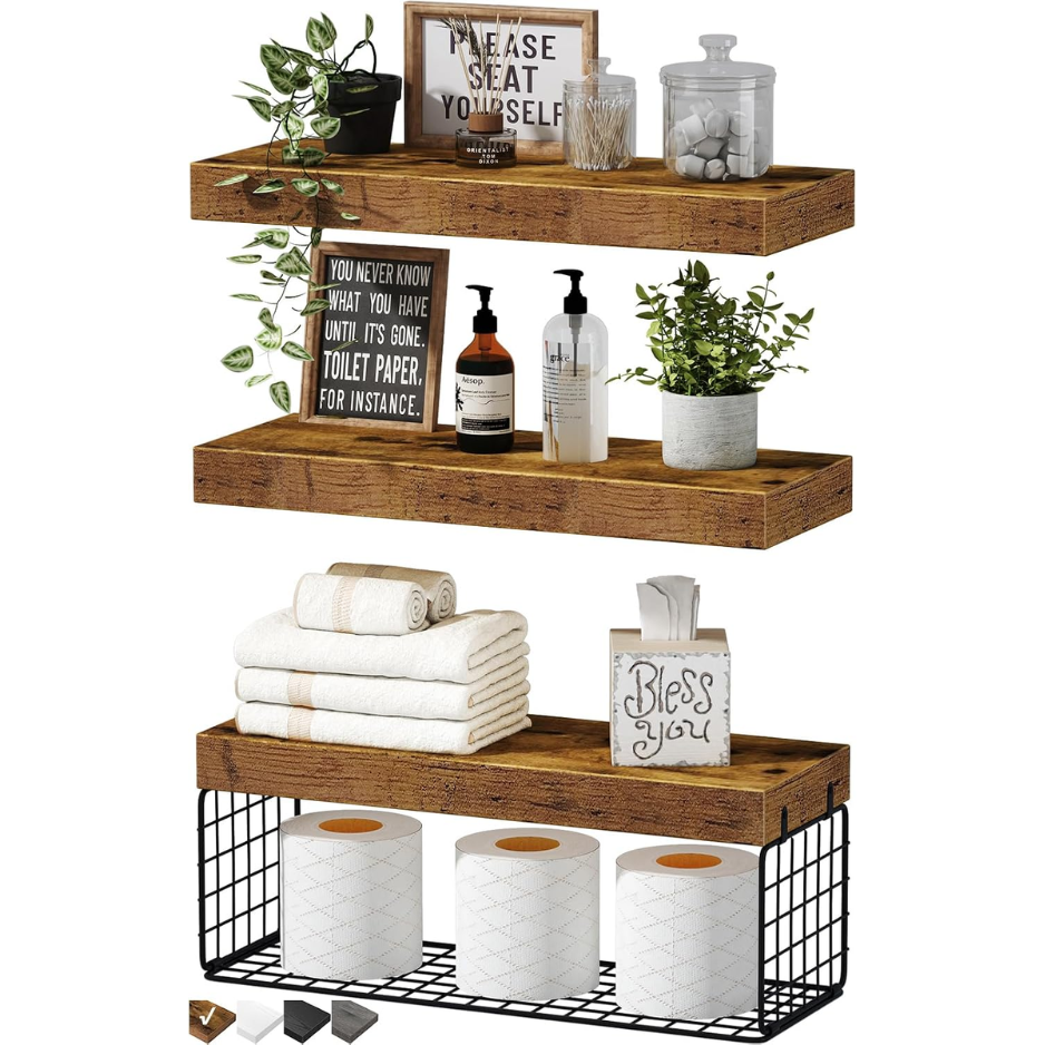 3PCS Over Toilet Bathroom Shelves, 15.7 Wall-Mounted Storage Organizer, Brown Floating Shelves For Home Decor