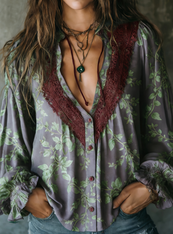 Retro-style Hollowed-out Lace Deep V Lantern Sleeve Women's Loose Top