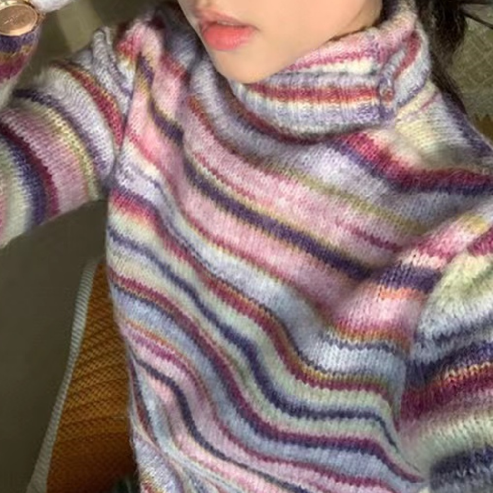 Contrast High Neck Rainbow Stripe Sweater