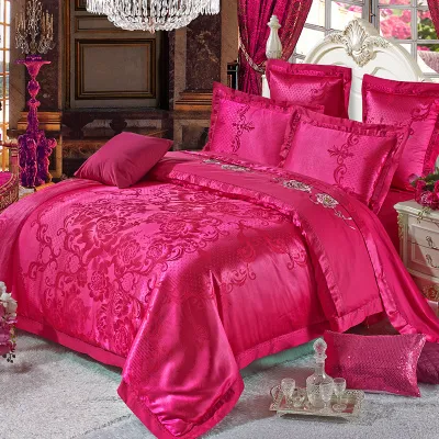 Ice Silk Jacquard European Luxury High end Linen And Cotton Bedding Set Rose Red - Shop at LoveMi