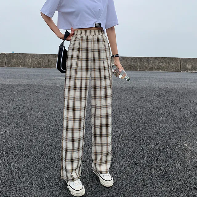 Grid Children's High Waist Drape Loose Thin Straight Wide leg Pants Coffee - Shop at LoveMi