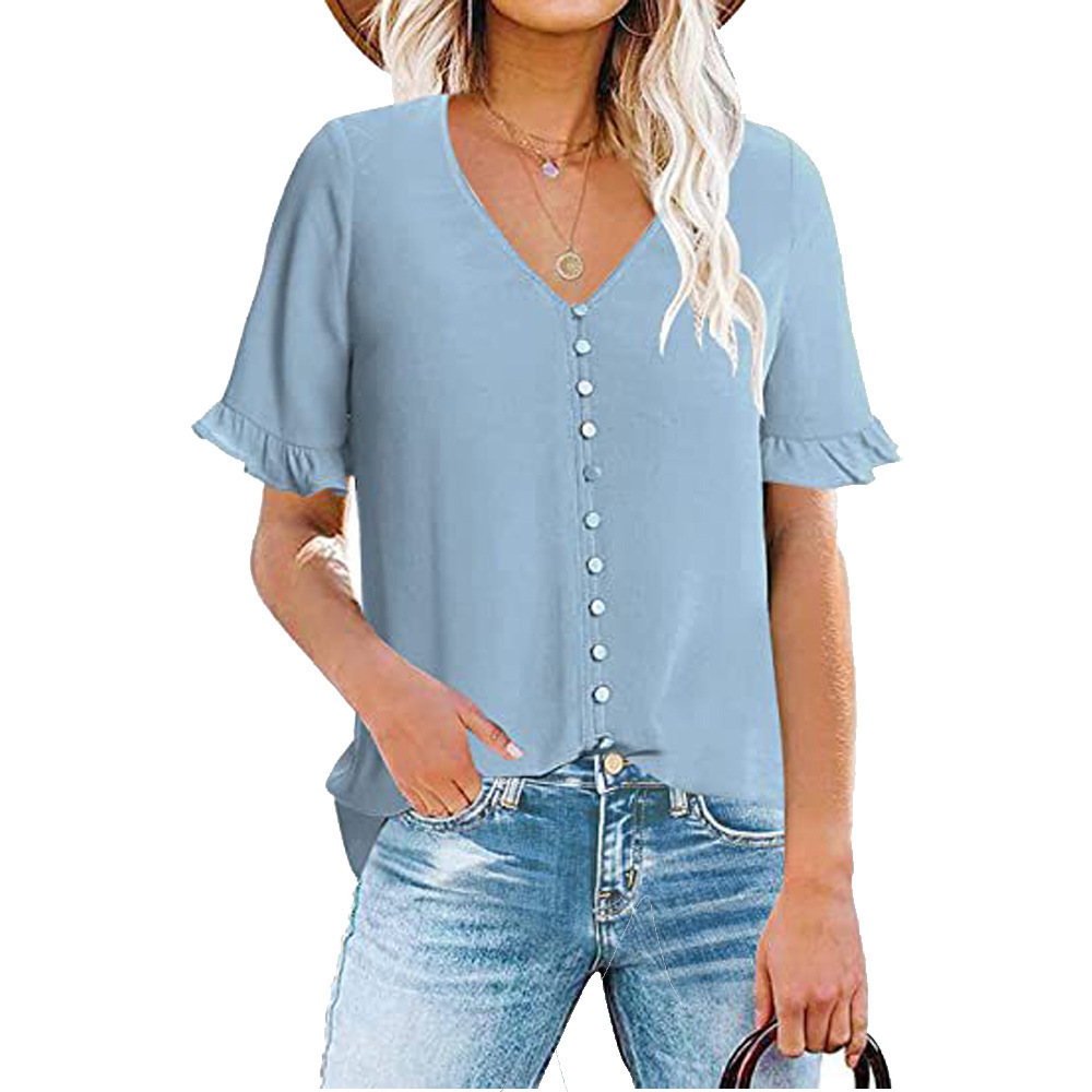 Women's Ruffle Short Sleeve V-Neck Button-Down Shirt