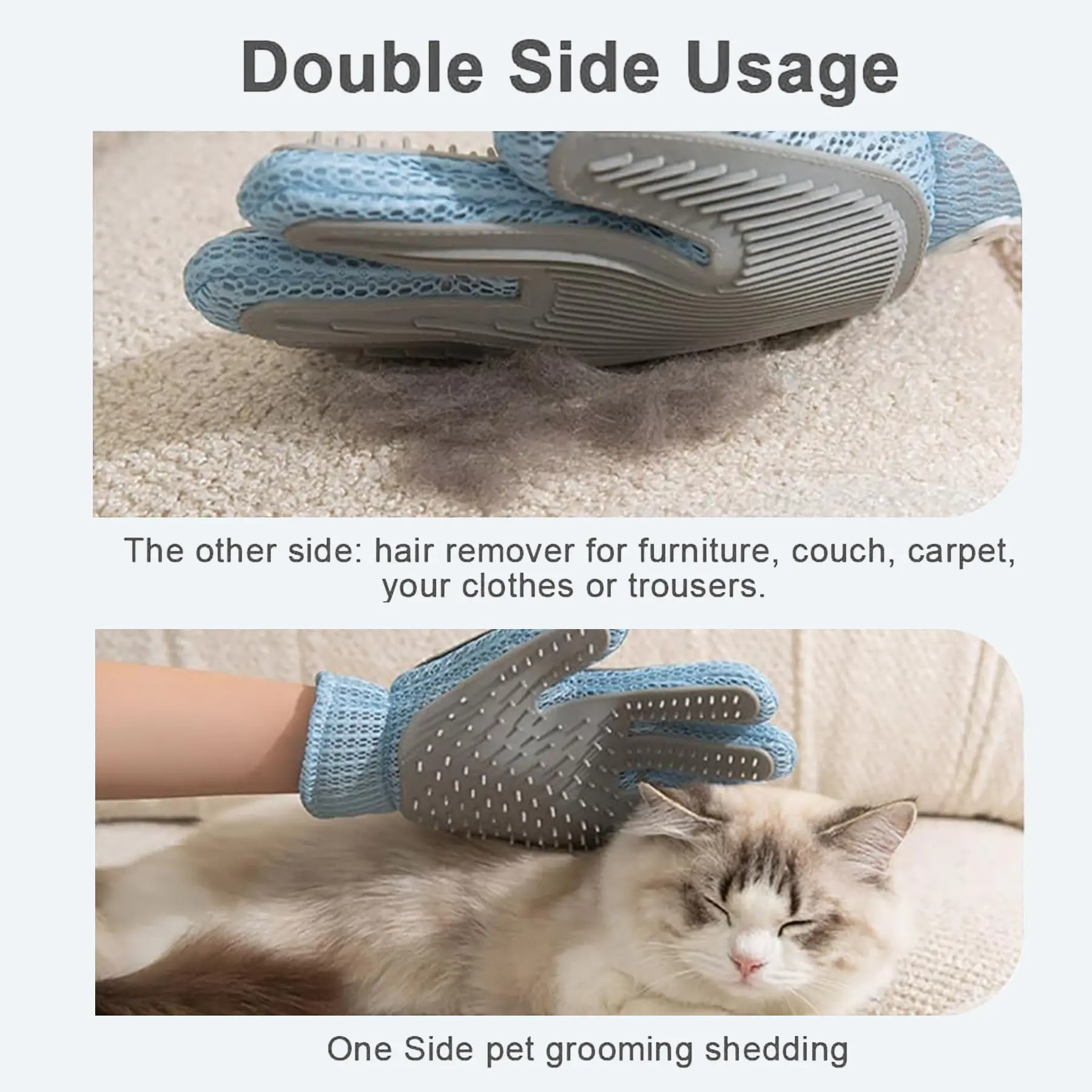 2in1 Double Sided Pet Grooming Glove, Deshedding Massage Brush Mitt For Cats & Dogs, Remove Loose Fur On Pets & Furniture, Easy Clean
