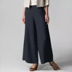 Loose Casual Women's Elastic Waist Flared Pocket Wide Leg Trousers - Blue - View 1
