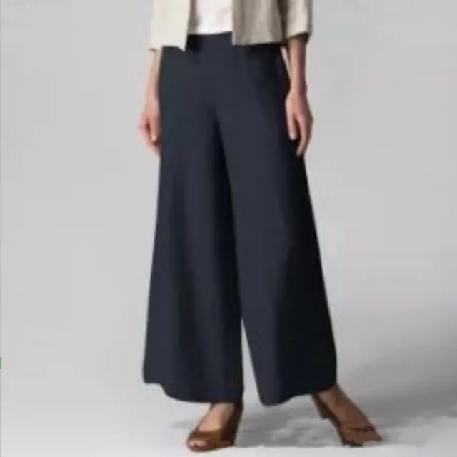 Loose Casual Women's Elastic Waist Flared Pocket Wide Leg Trousers Blue - Shop at LoveMi