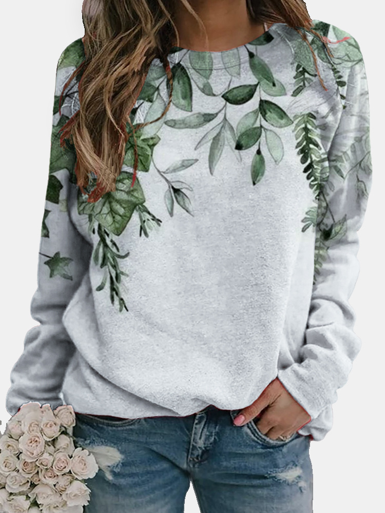 Loose Round Neck Floral Element Colorful 3D Digital Print Sweatshirt Green - Shop at LoveMi