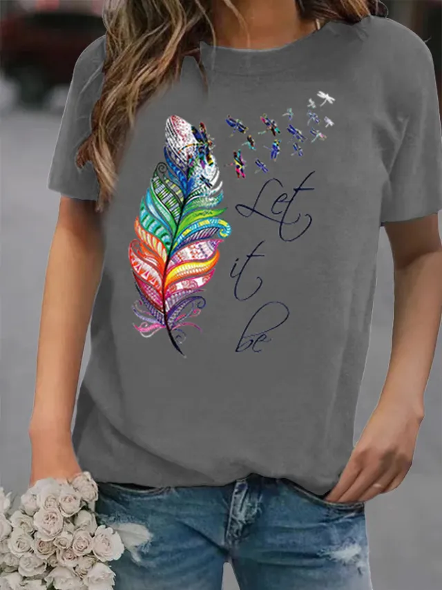 Loose Printed Round Neck Short Sleeve Women's T Shirt Grey - Shop at LoveMi