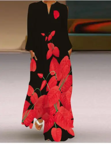 European And American V-neck Dress Fashion Printing Long Sleeves