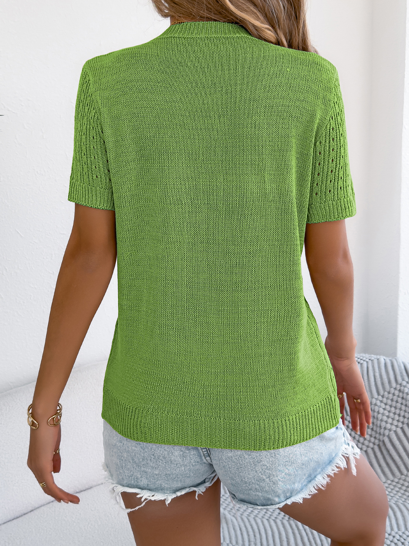 WomenS Solid Color Hollow Out Button Short Sleeve Knit Top
