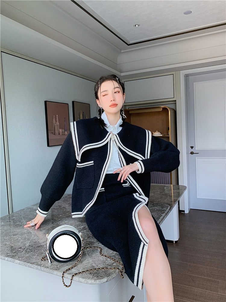 Women's Contrast Color Sweater Coat Midi Skirt Suit