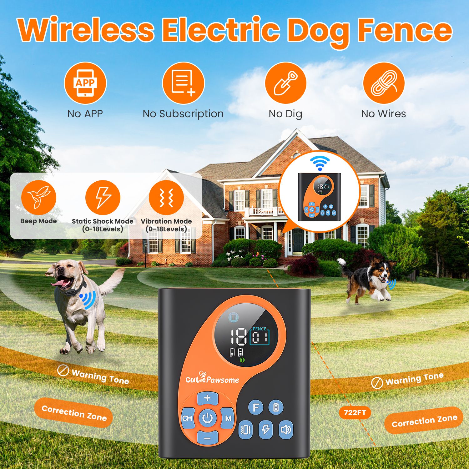2 In 1 Wireless Dog Fence System With Training Collar Invisible Dog Fence IP68 Waterproof With 722FT Adjustable Range Beep Vibration Static Shock — foto 9