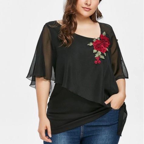 Plus Size V-Neck Embroidered Irregular Chiffon Top — image 1