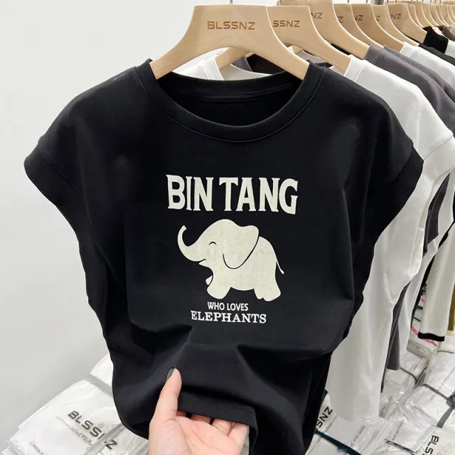 Short sleeved T shirt Women's Loose Cotton Sleeveless Top Elephant Black - Shop at LoveMi