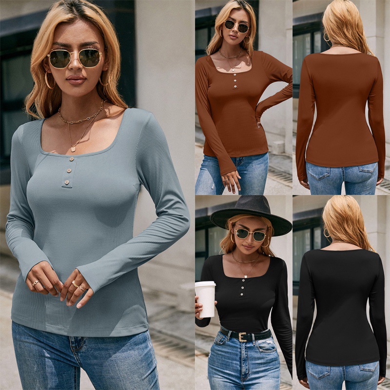 Slim-fit Single-breasted T-shirt With Square Collar And Long Sleeves