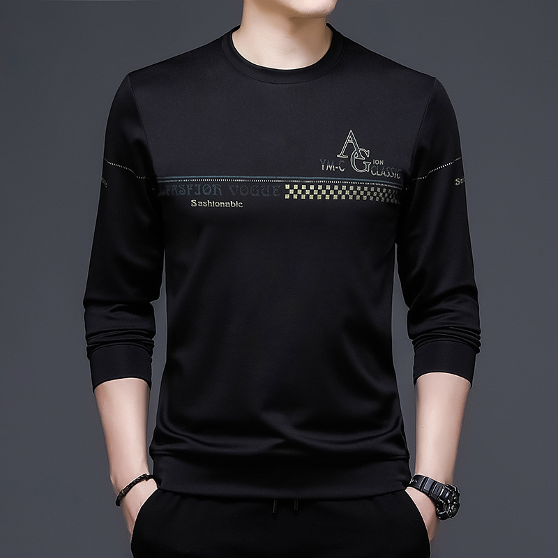 Men's Printed Bottom T-shirt With Round Collar And Long Sleeves
